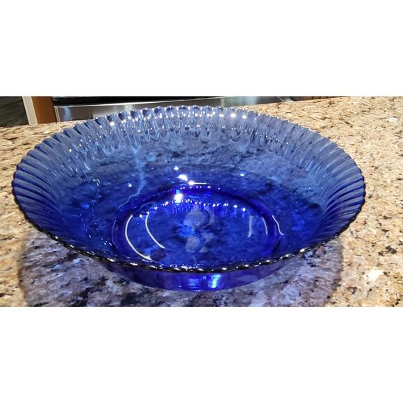 Vintage COLOREX 9.5” Serving Bowl Made In Brazil Cobalt Ribbed Glass Edge - Picture 4 of 11